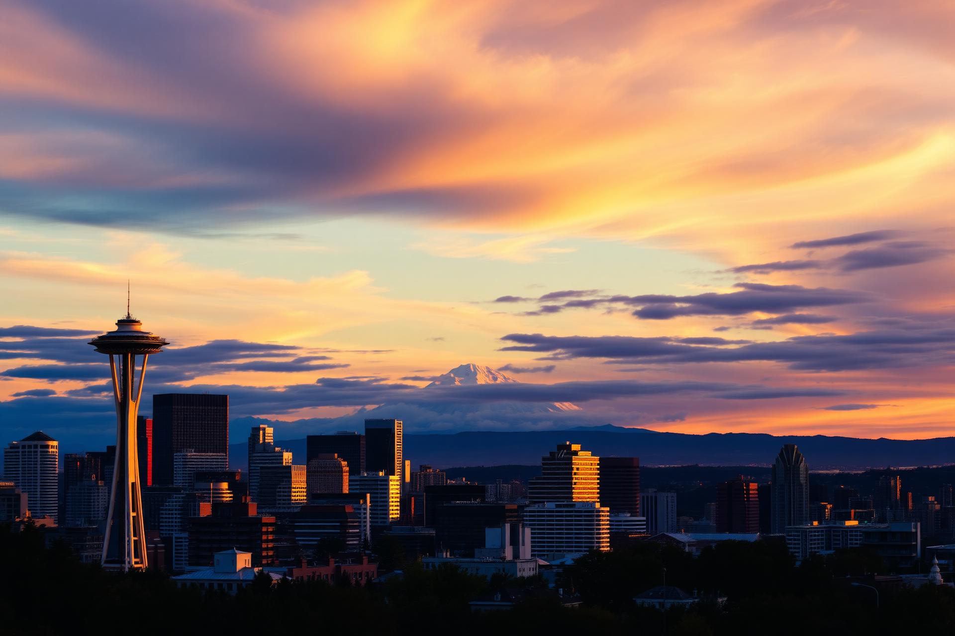Seattle skyline with the Space Needle and Mount Rainier at sunset